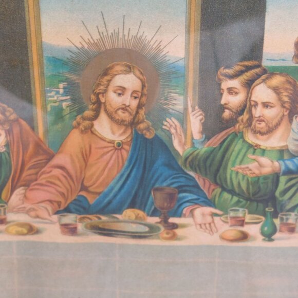 Vintage Last Supper Lithograph Print Wood Frame Glass 22.5"x18.5" - Picture 6 of 7